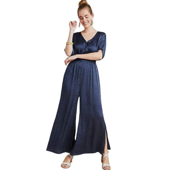 Anthropologie Pants - Anthropologie Maeve Jacqueline Jacquard Leopard Navy Blue Jumpsuit Size XS